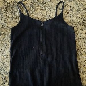 Black ribbed zip up thong bodysuit